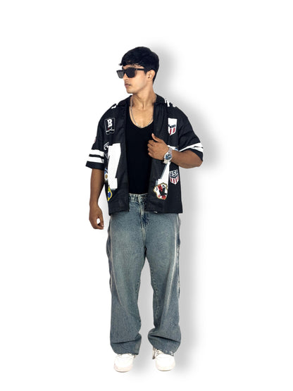 Black “77” Patchwork Zip-Up Mesh Jersey – Streetwear Edition