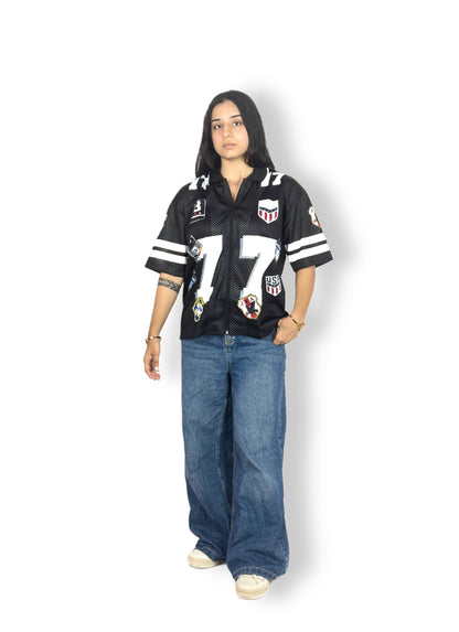 Black “77” Patchwork Zip-Up Mesh Jersey – Streetwear Edition
