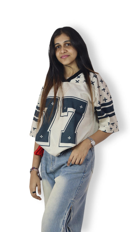 Black & White “77” Mesh Football Jersey – Oversized Edition