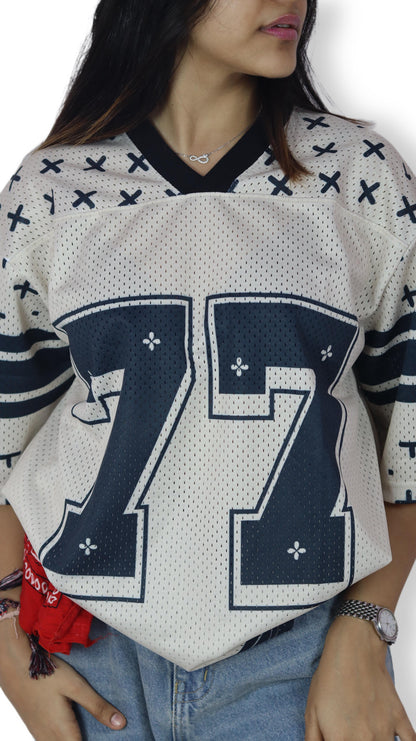 Black & White “77” Mesh Football Jersey – Oversized Edition