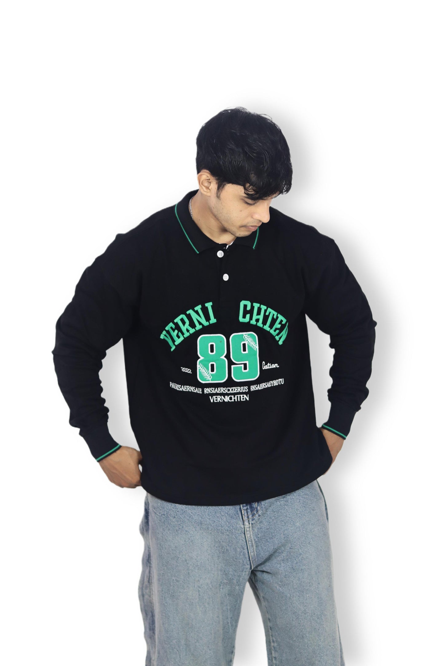 Black Polo Collar Full Sleeve embroidery unisex￼Sweatshirt – "89"