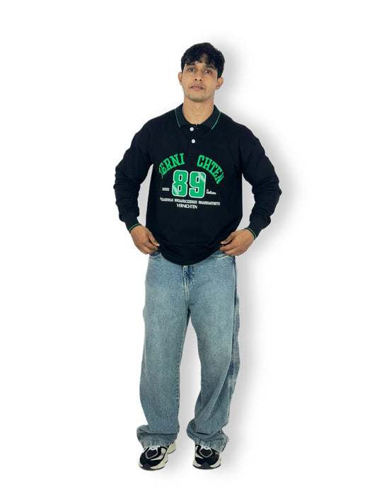 Black Polo Collar Full Sleeve embroidery unisex￼Sweatshirt – "89"