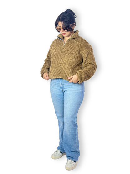 Brown Textured Sherpa Fleece Half-Zip Sweatshirt – Winter Pullover