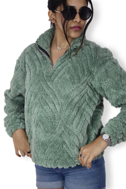 Sage Green Textured Sherpa Fleece Half-Zip Sweatshirt – Winter Pullover
