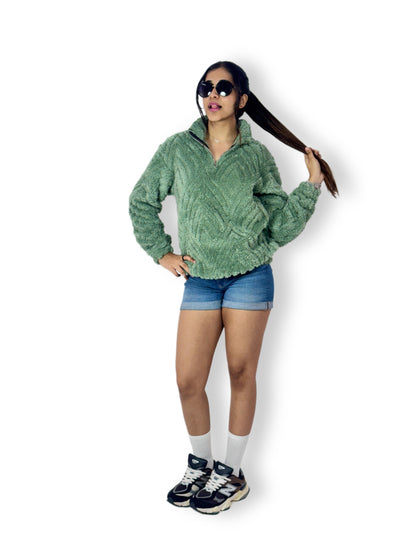 Sage Green Textured Sherpa Fleece Half-Zip Sweatshirt – Winter Pullover