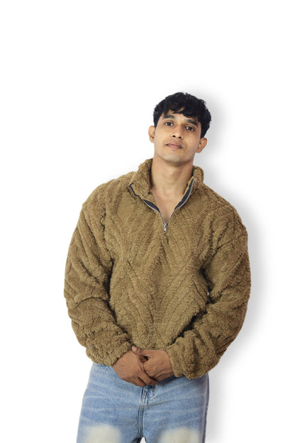 Brown Fleece Half-Zip Unisex Pullover – Winter Wear