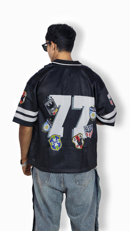 Black “77” Patchwork Zip-Up Mesh Jersey – Streetwear Edition