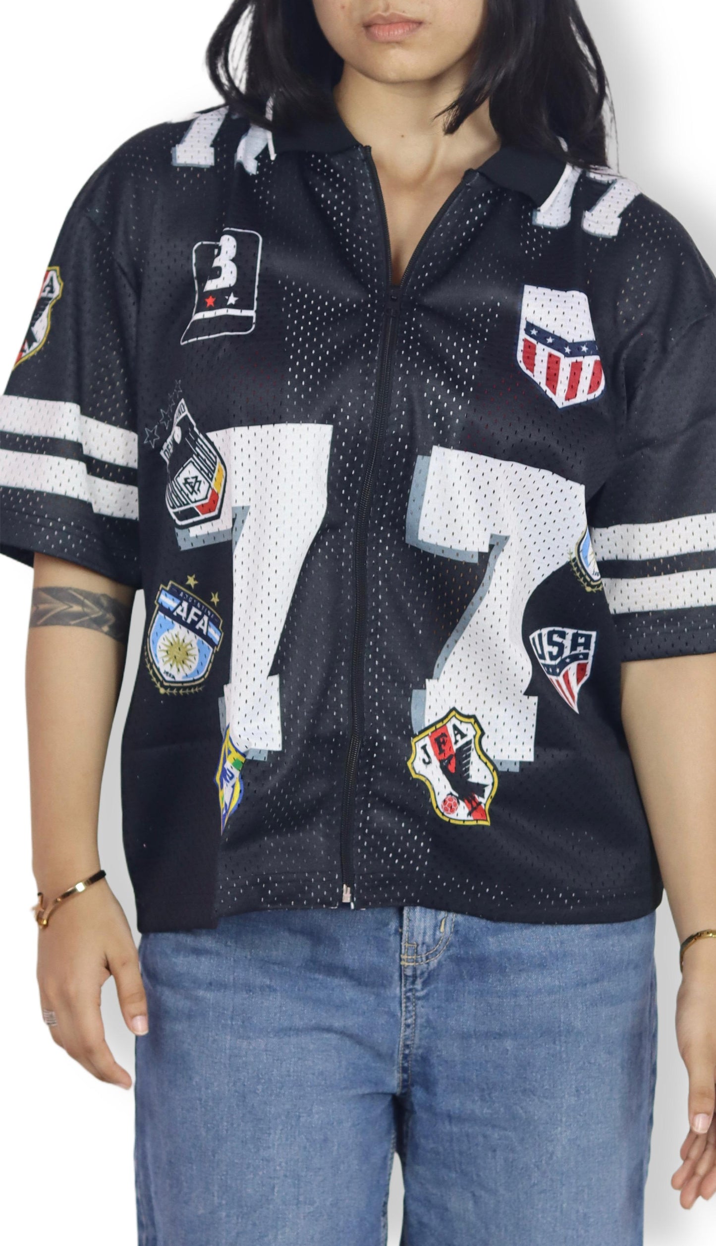 Black “77” Patchwork Zip-Up Mesh Jersey – Streetwear Edition