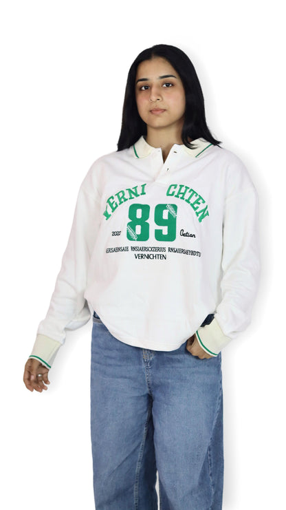 White Polo Collar Full Sleeve embroidery unisex ￼Sweatshirt – "89"