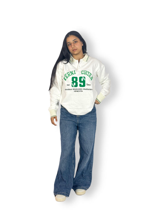 White Polo Collar Full Sleeve embroidery unisex ￼Sweatshirt – "89"