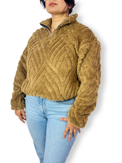 Brown Textured Sherpa Fleece Half-Zip Sweatshirt – Winter Pullover