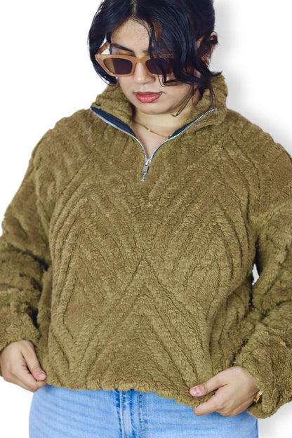 Brown Textured Sherpa Fleece Half-Zip Sweatshirt – Winter Pullover