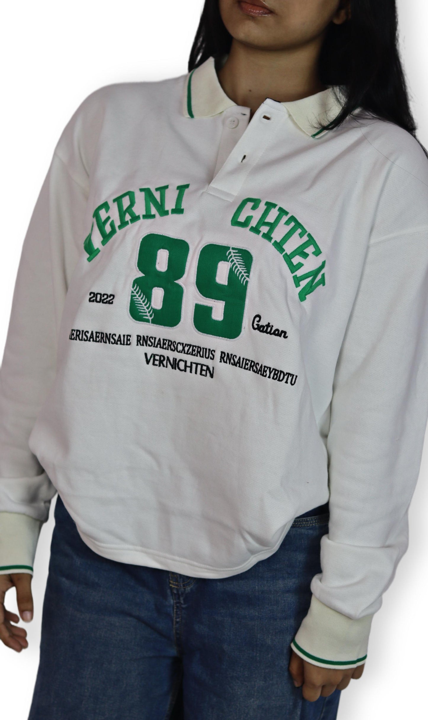 White Polo Collar Full Sleeve embroidery unisex ￼Sweatshirt – "89"