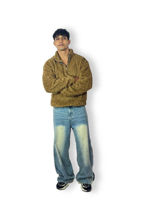 Brown Fleece Half-Zip Unisex Pullover – Winter Wear
